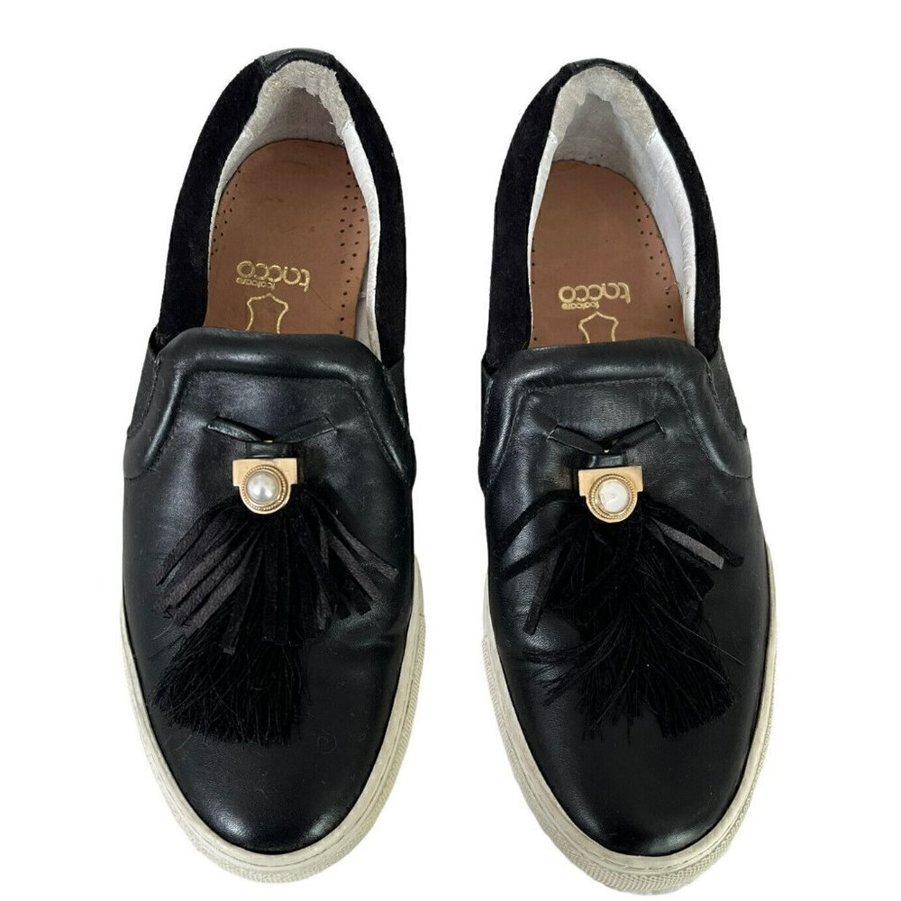 Lanvin Paris Women's Slip On Leather Sneakers Sz  9 Black Leather Tasseled - Picture 2 of 11